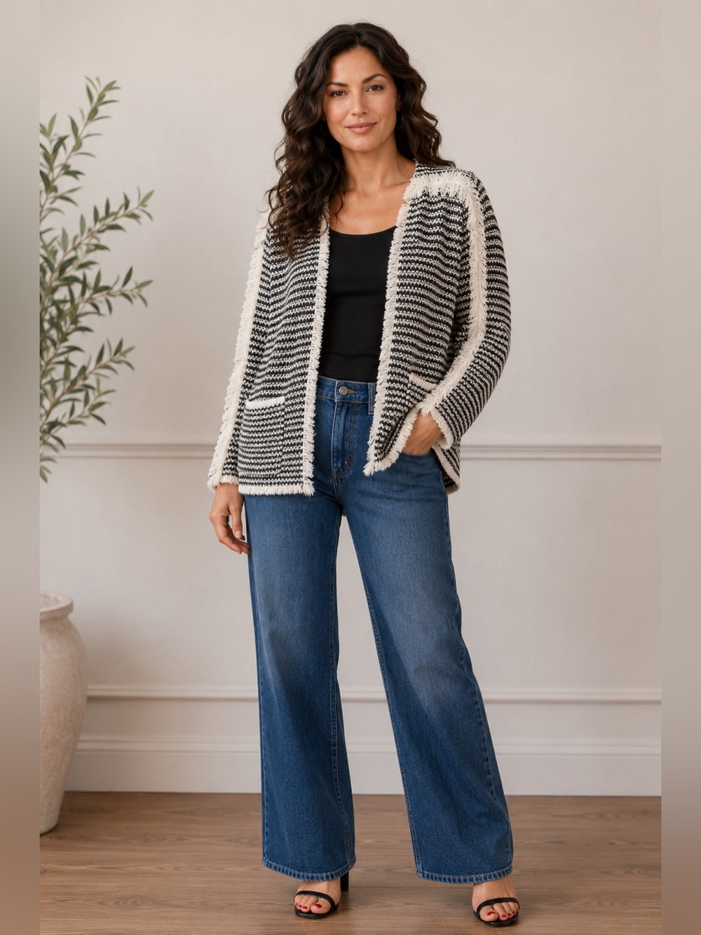 Knox Rose Black White Fringe Open Front Knit Cardigan Pockets XXL